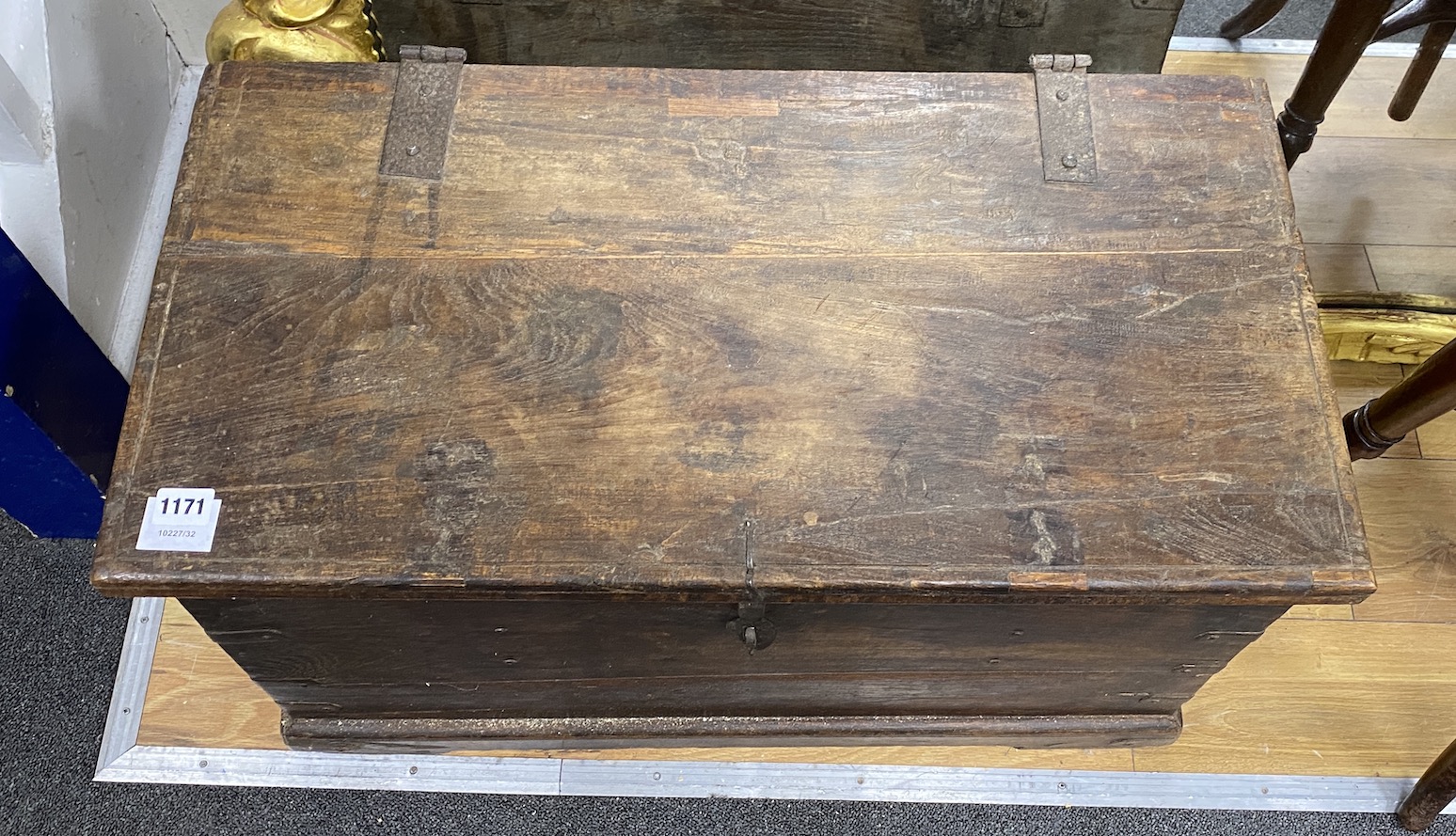 A hardwood metal bound trunk, width 72cm, depth 38cm, height 41cm